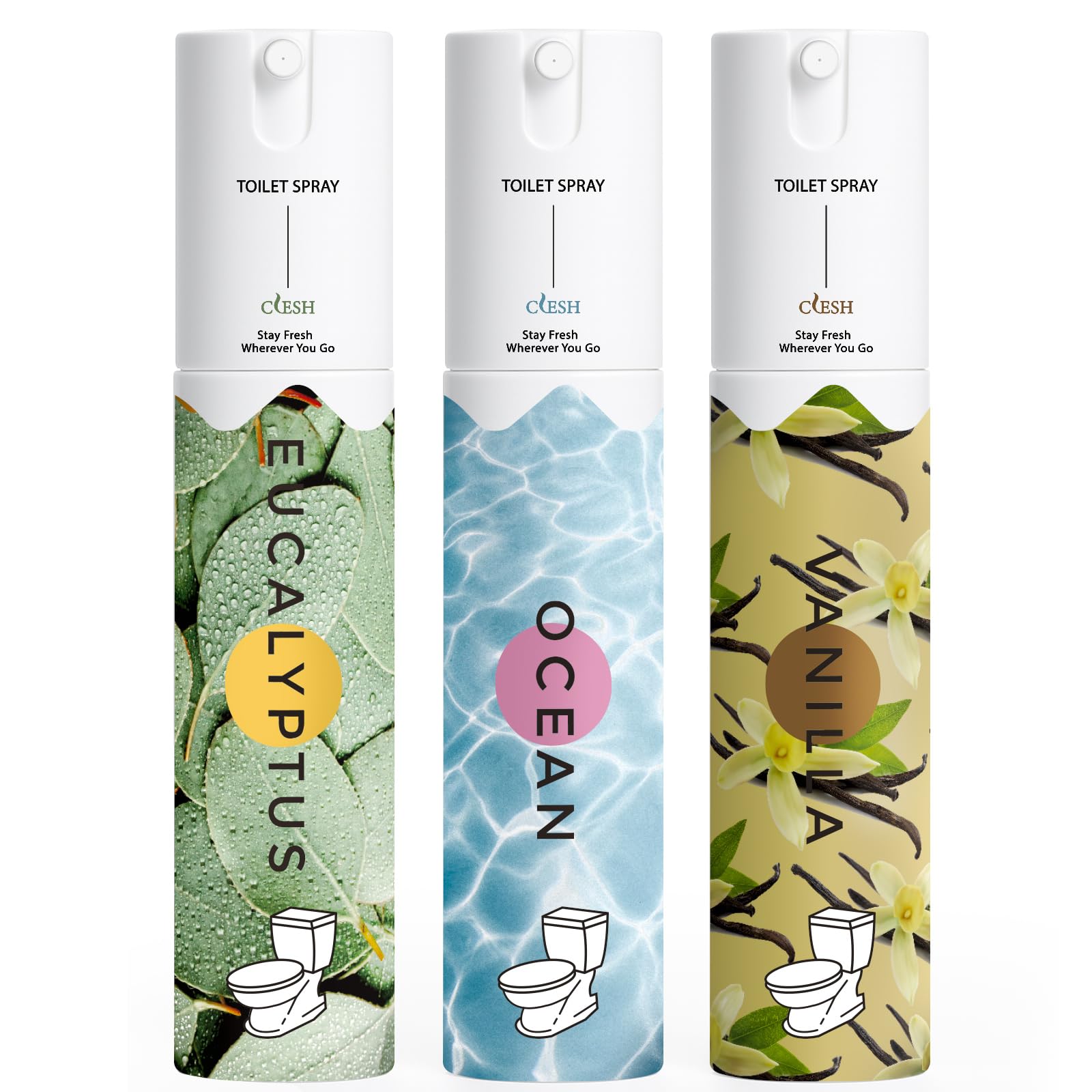 Travel Size Toilet Spray, Bathroom Odor Eliminator, 3 Pack, 1 fl oz Each, Up to 150 Uses, For Home and Travel, Essential Oils Freshener Spray, Ocean, Eucalyptus, Vanilla