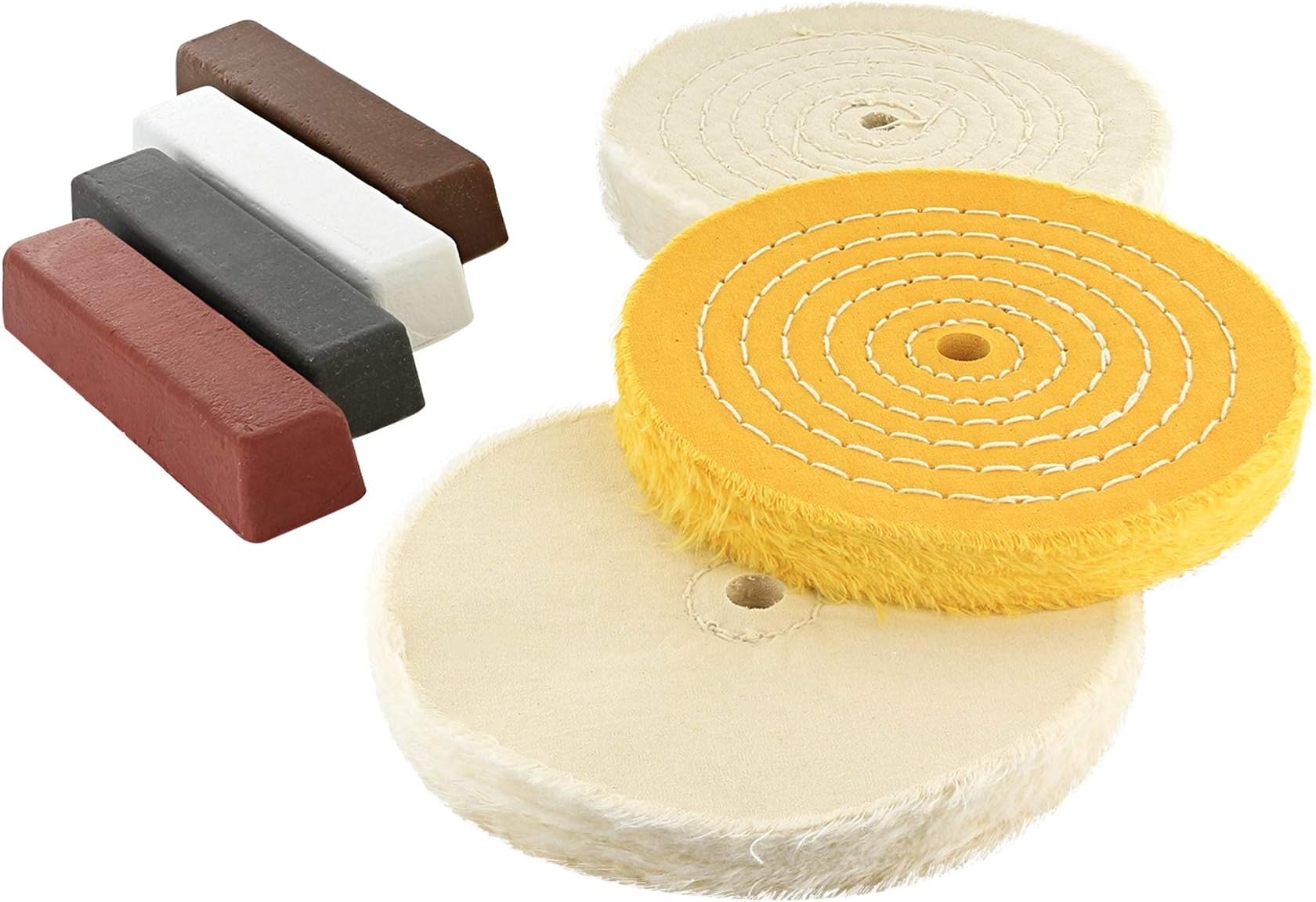 DrixetProfessional Buffing & Polishing 7 Piece Kit – Set Includes: 3 Assorted 6 Inch with 1/2” Arbor Wheels & 4 Polishing/buffing Compounds.