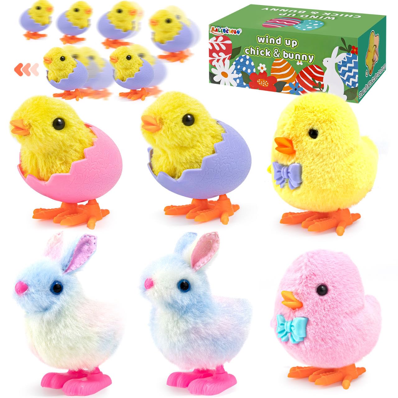 KALLOCIRUN Wind up Toys for Easter Basket Stuffers, 6 Pcs Wind up Chicks and Bunnies for Easter Egg Fillers, Easter Plush Egg Toys, Easter Party Favors