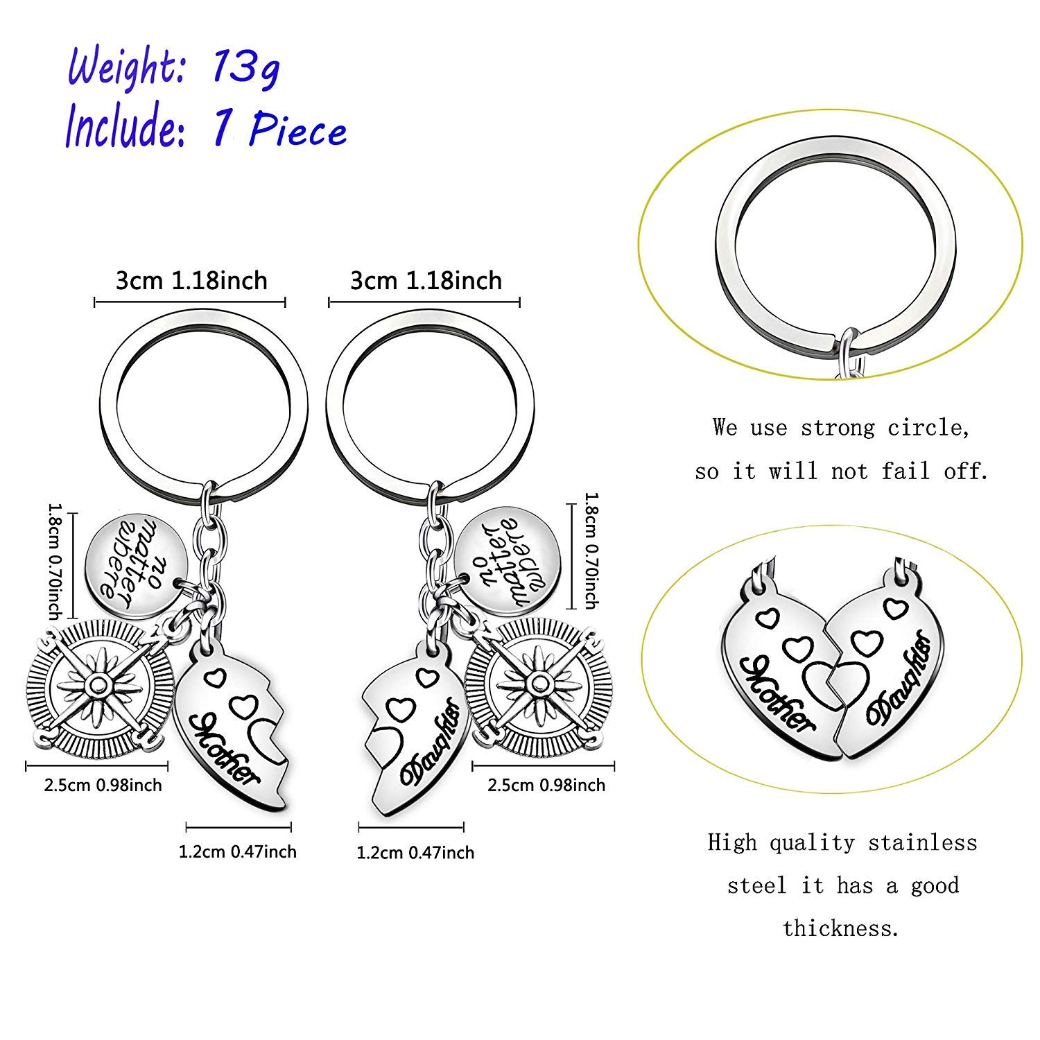 Mom Key Ring Set Daughter Mom Key Chain Set Mothers Day Gift Key Ring Mother Daughter No Matter Where Pendant Keyring for Women Girl Set of 2pcs