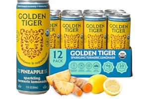 Golden Tiger Turmeric Sparkling Lemonade, Pineapple – Curcumin & Ginger for Inflammation – Organic Wellness Drink with Superfoods & Antioxidants for Recovery, Immunity, Gut Health - 4g Sugar, 20 Calories (12-pack)