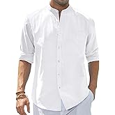 J.VER Men's Cotton Linen Long Sleeve Shirts Casual Button Down Banded Collar Shirt Beach Summer Tops with Pocket