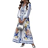 BEYINCUTE Womens Blue Button Down Shirt Dress Autumn Lapel Neck Lantern Sleeve Boho Outdoor Ceremony Maxi Dresses with Belt