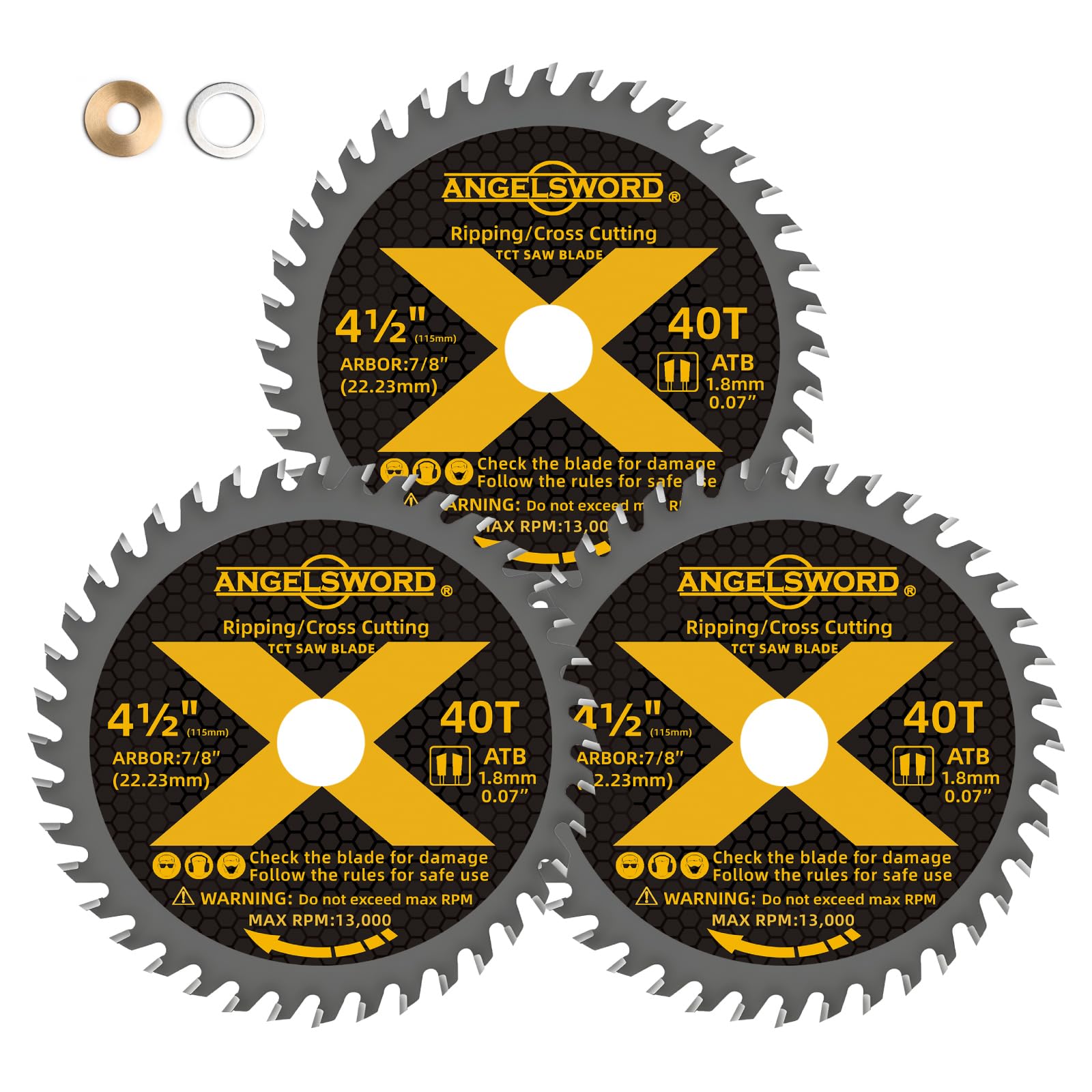 Photo 1 of ANGELSWORD 4-1/2 Inch Circular Saw Blade,7/8" Arbor 40T, Used on Angle Grinder for Ripping, Cross Wood Cutting, 3 Pack, with 3/8"&5/8" Bushing