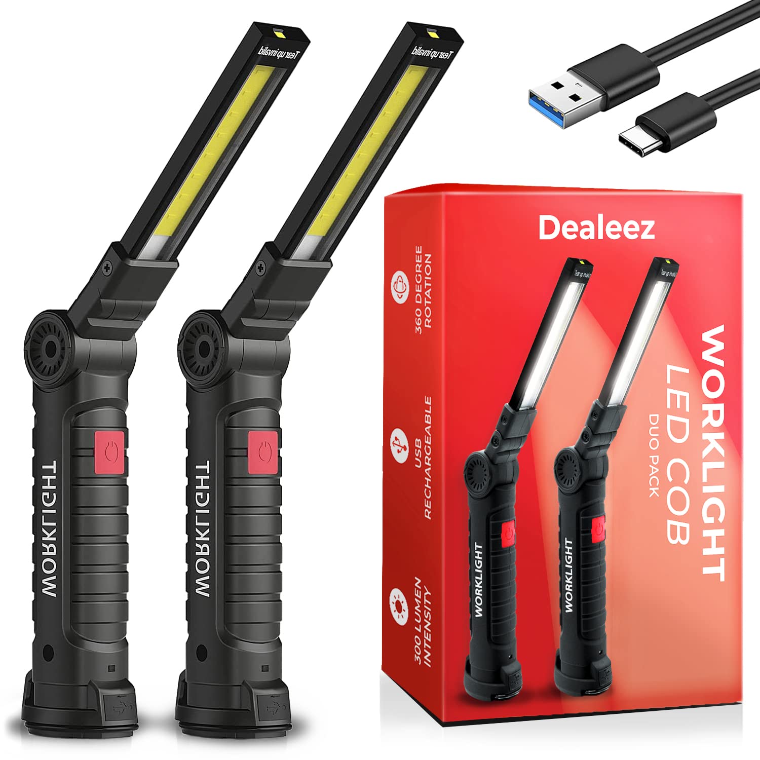 Dealeez Rechargeable LED Work Light Torch - 2 Pack Mechanic Inspection Lamp - Magnetic Base & Mounting Hook -5 Lighting Modes Ideal for Garage, Emergency, Home & Car (Black) Gifts for Men
