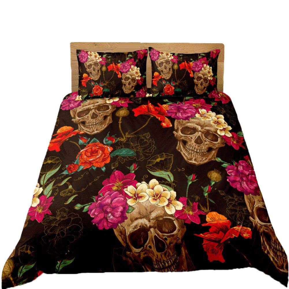 Loussiesd Skull Duvet Cover Set Double Size Gothic Skull Print Bedding Set Skeleton Floral Comforter Cover 3D Scary Bones Bedspread Cover Microfiber Bed Cover Zipper Ultra Soft Personalized Funny — image 1