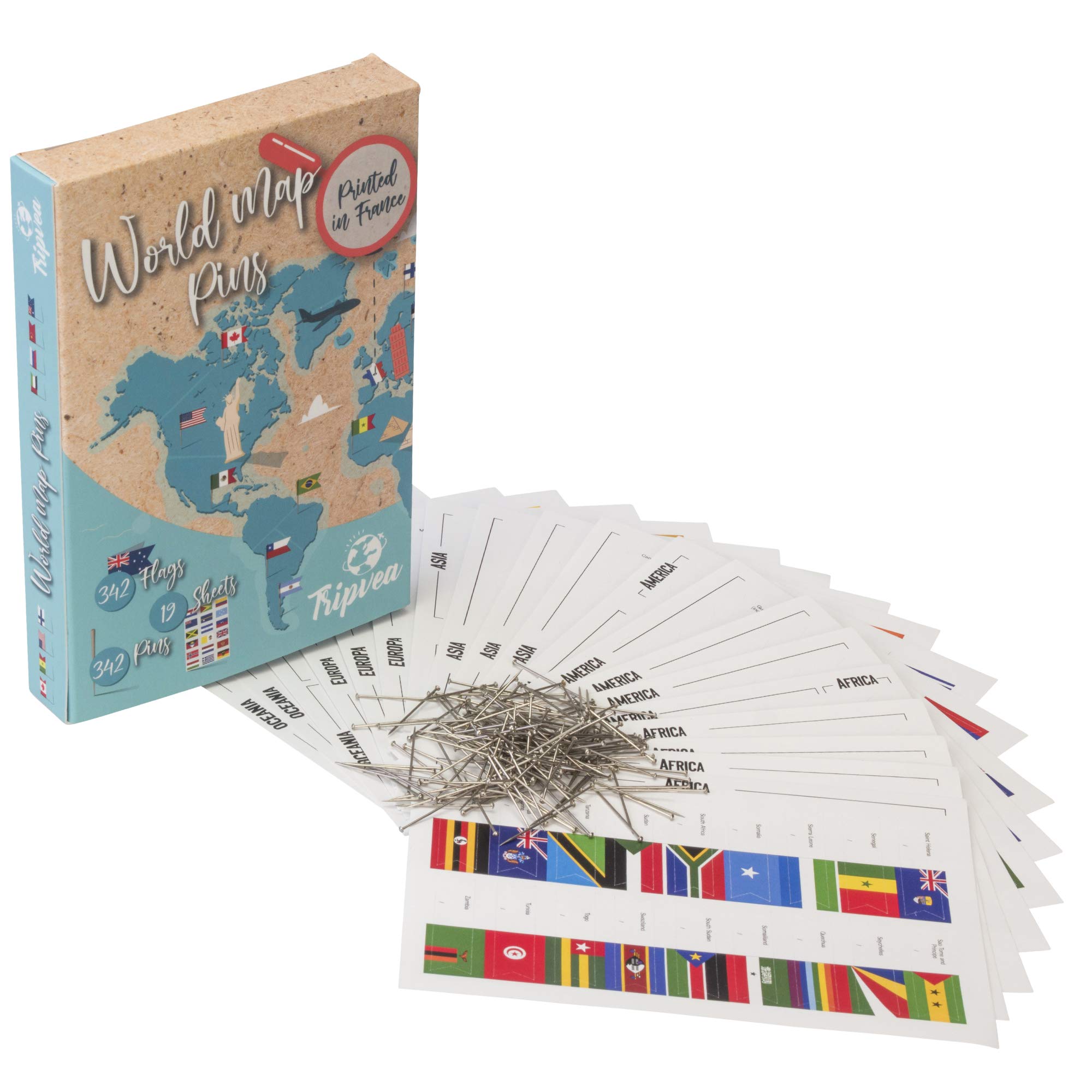 TRIPVEA® 342 Planting flags for cork map and globe - Small flags of the world's countries - Small flag stickers with date on back - Supplied with needles