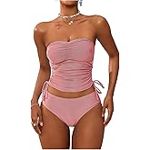 GORGLITTER Women's Striped Bandeau Tankini Swimsuits Side Drawstring Bathing Suit