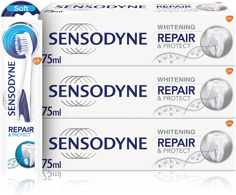 Sensodyne Toothpaste Repair and Protect, Teeth Whitening Toothpaste Multipack with Sensodyne Toothbrush, 3 x 75ml