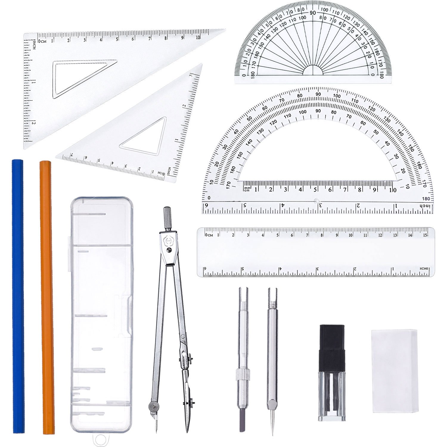 13 Pieces Geometry Set Rulers Compass with Protractor Math Tools Set