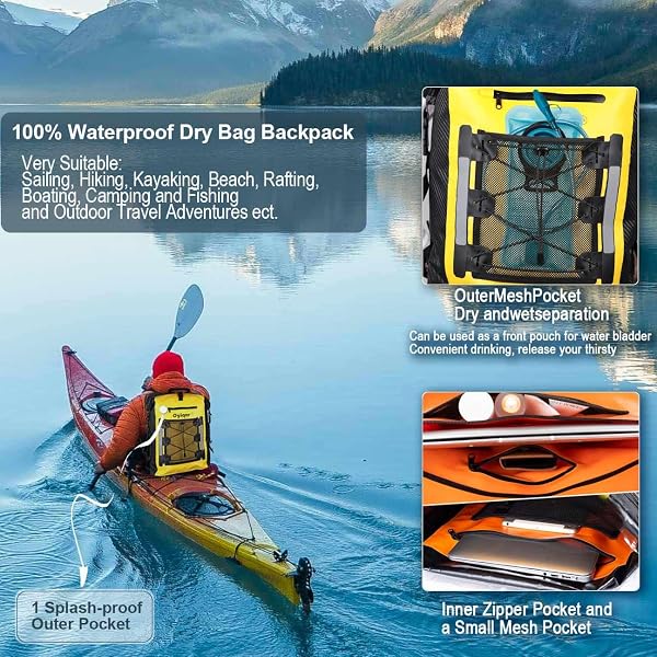 OYIQAR WATERPROOF DRY BAG BACKPACK HEAVY DUTY HIKING BACKPACK ROLL TOP CLOSURE WATERPROOF BAG WATERPROOF PADDED DRY BAG WITH IPX8 WATERPROOF PHONE CASE – DRY BAG FOR HIKING, KAYAKING (YELLOW, 25L)