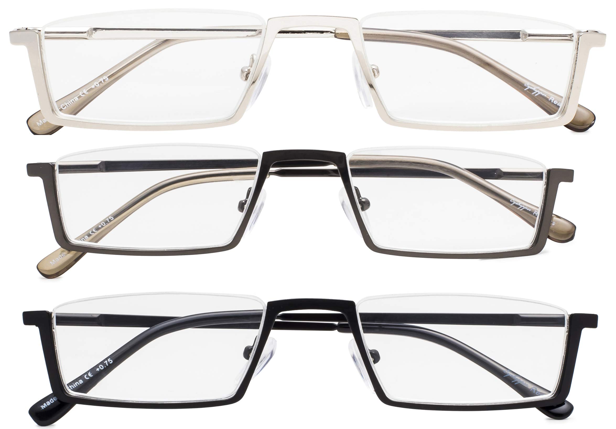 CessBlu Reading Glasses 3 Pairs Half-Rim Spring Hinge Reader Eyeglasses for Men Women Reading +2.0