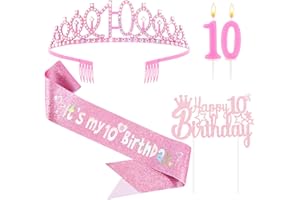 Vovii 10th Birthday Decorations for Girls - Pink Birthday Crown, Glitter Sash, Number 10 Candles and Cake Toppers for Girls 10 Year Old Party Supplies Outfit Gift