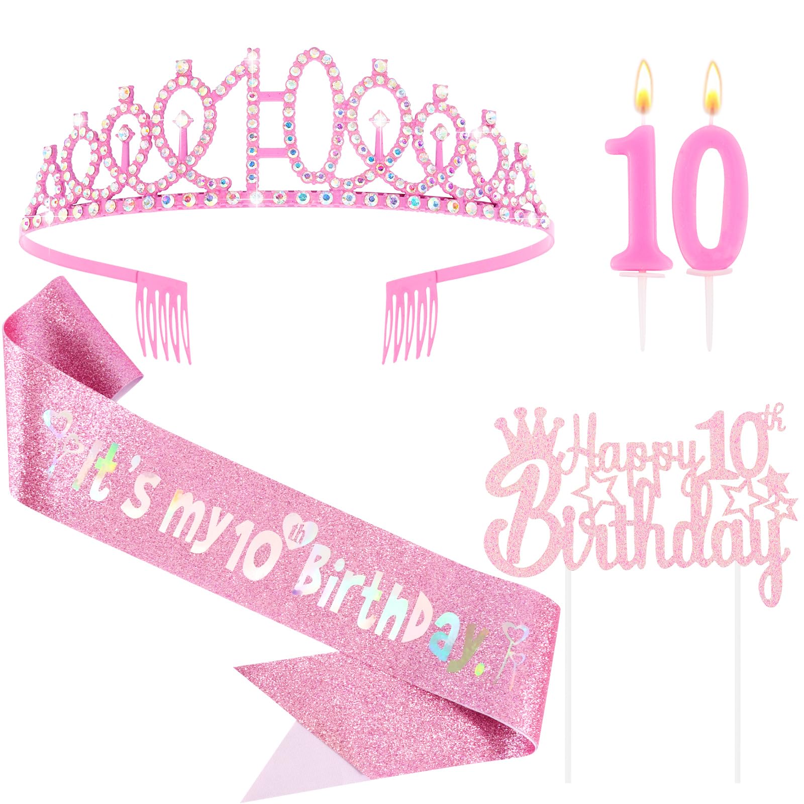 Vovii 10th Birthday Party Decorations Set for Girls- Pink Crown, Glitter Sash, Number 10 Candle & Cake Topper Kit for Birthday Celebrations Party Supplies Gift