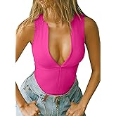 MISSJOY Women's Zipper Sexy V Neck Sleeveless Ribbed Slimming Basic Bodysuit Tops T Shirts