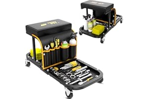 FREEKYFIT Rolling Shop Stool Chair with Wheels, Mechanic Garage Stool on Wheels, Auto Car Detailing Stools Seat with Tool Tray Storage for Garage Work, Workshop, Home, Garden, DIY, 300 LBS Capacity, Yellow