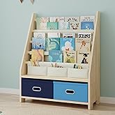 EXPERLAM 4 Tier Kids Book Shelf, Wooden Kids Book Rack Storage Bookshelf with Toy Storage Organizer, Toddler Sling Bookshelf for Boys, Girls, Kids Room, Blue