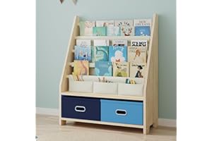 EXPERLAM 4 Tier Kids Book Shelf, Wooden Kids Book Rack Storage Bookshelf with Toy Storage Organizer, Toddler Sling Bookshelf for Boys, Girls, Kids Room, Blue