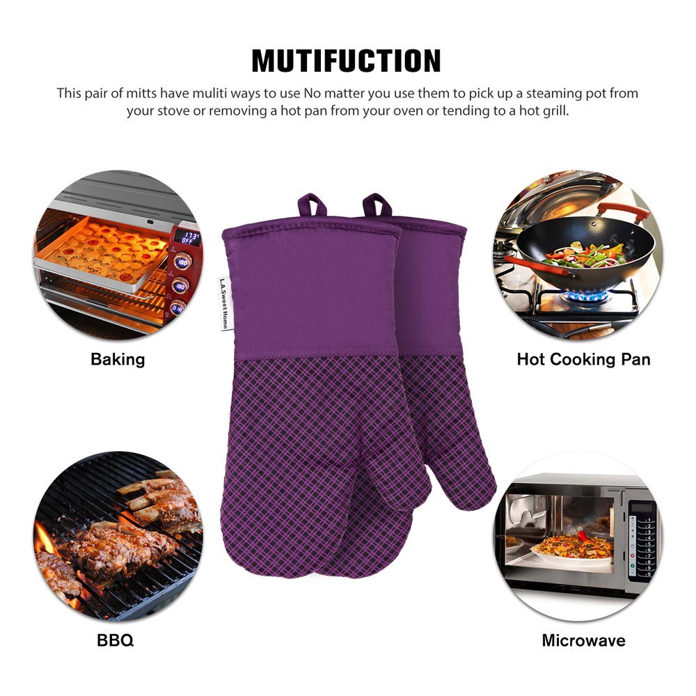 Silicone Oven Mitts Plaid Heat Resistant Potholders Cooking Gloves Non-Slip Grip for Kitchen Oven, BBQ Grill and Fire Pits - Ideal for Cooking, Baking 7x13 inch 1 pair (khaki) by LA Sweet Home