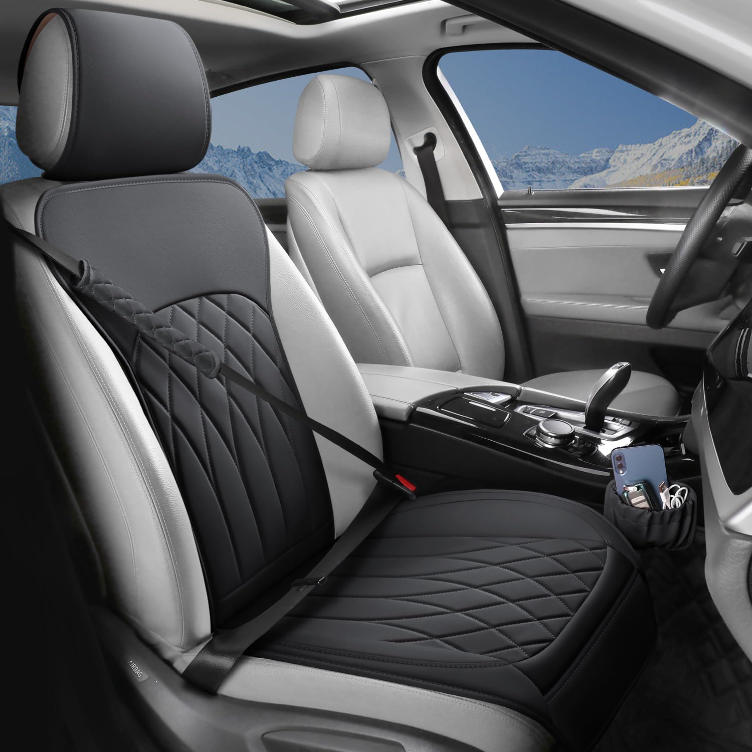 Photo 1 of 1 Pack Leather Front Car Seat Cover, Universal Sideless Car Seat Protector with Storage Pocket and Seat Belt Pad, Waterproof Automotive Seat Cover Cars Trucks SUV(Black)