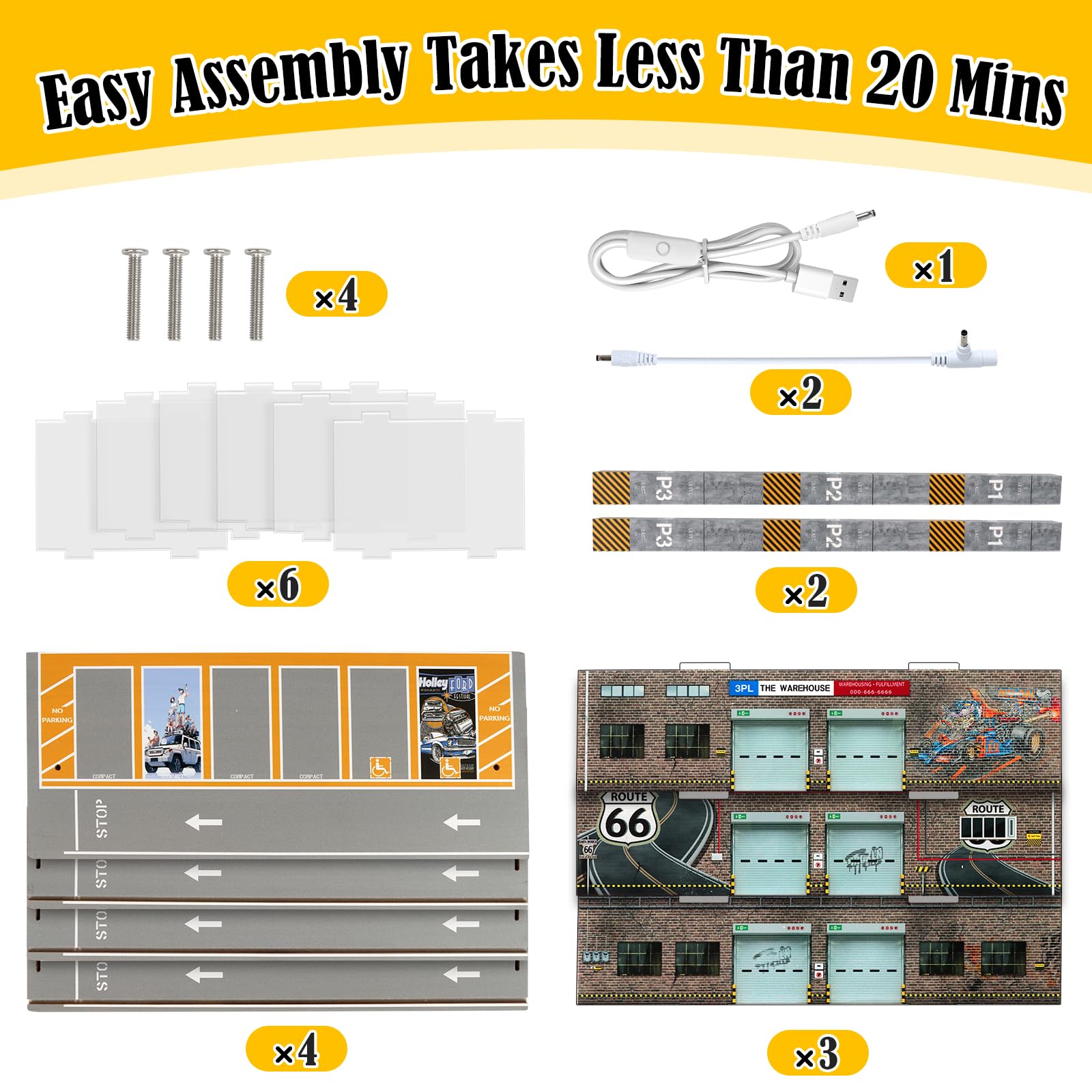 Saichotoy Storage for Hot Wheels: Toy Car Parking Garage Diorama with Lights - Freestanding Display Case for 1/64 Scale Diecast Cars with 4 Levels 24 Spots Maximum 40 Cars