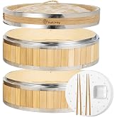 Vertical Bamboo Steamer Basket 11.8-Inch, 2-Tier with Stainless Steel Rings | Incl. 50 Liners, Sauce Dish, 2 Chopsticks - Dumpling Steamer for Cooking Steamer Pot for Food Dim Sum Bao Bun Rice Vegetables