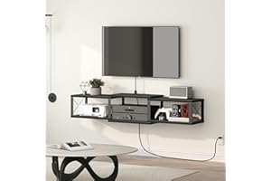 MAHANCRIS 43.7” Floating TV Stand with Power Outlet, Wall-Mounted Entertainment Center, Floating Metal Frame Media Console Shelf for Under TV Storage, for Living Room, Bedroom, Black TVHB101E01