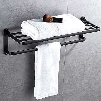 Wymname Porte Serviettes Avec Tablette Pliage De Serviette Serviette Double Couche Space En Aluminium Salle De Bain Porte Serviette L Etagere Dans La Salle De Bains Noir Amazon Fr Bricolage