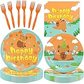 96Pcs Capybara Birthday Party Supplies Capybara Paper Plates Capybara Napkins Forks Boys Girls Baby Shower Capybara Birthday Party Decorations