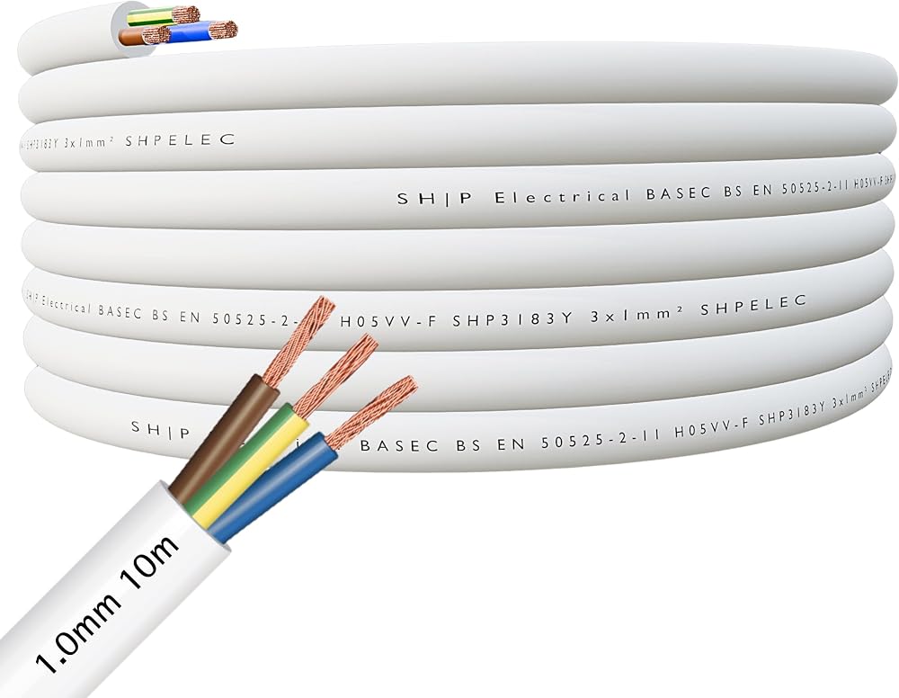 SHPELEC Flexible White Cable 1.0mm 3 Core BASEC Approved 5m 10m