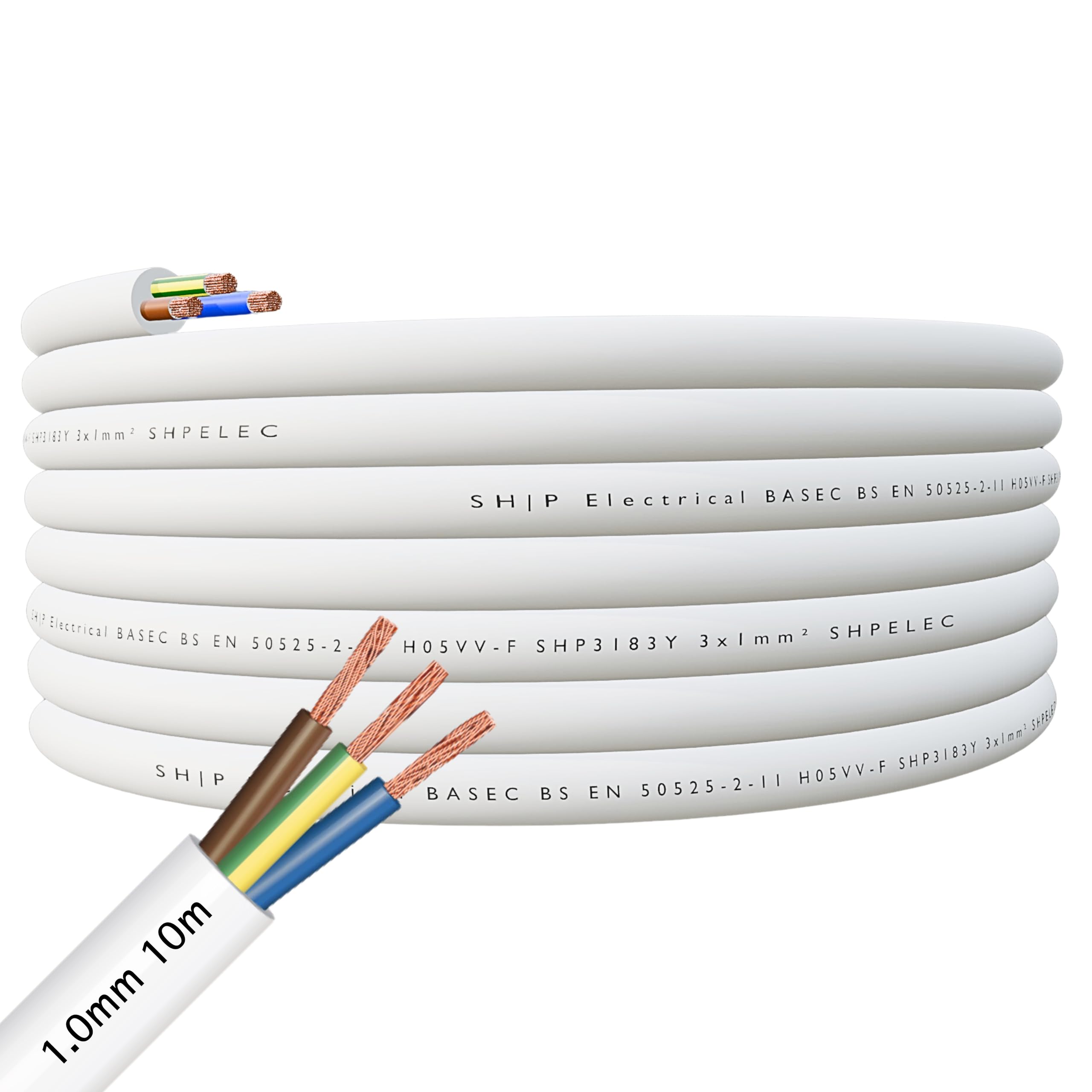 SHPELEC® FLEXIBLE White Cable 3183Y 0.75mm, 1.0mm, 1.5mm, 2.5mm BASEC Approved White PVC LED Lighting 5m 10m 15m 20m 50m (1.0mm 3 Core - 10metres) — image 1