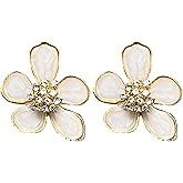 Anmpab White Enamel Drip Oil Five Petal Flower Stud Earrings for Women Statement Rhinestone Flower Earrings Wedding Birthday Jewelry