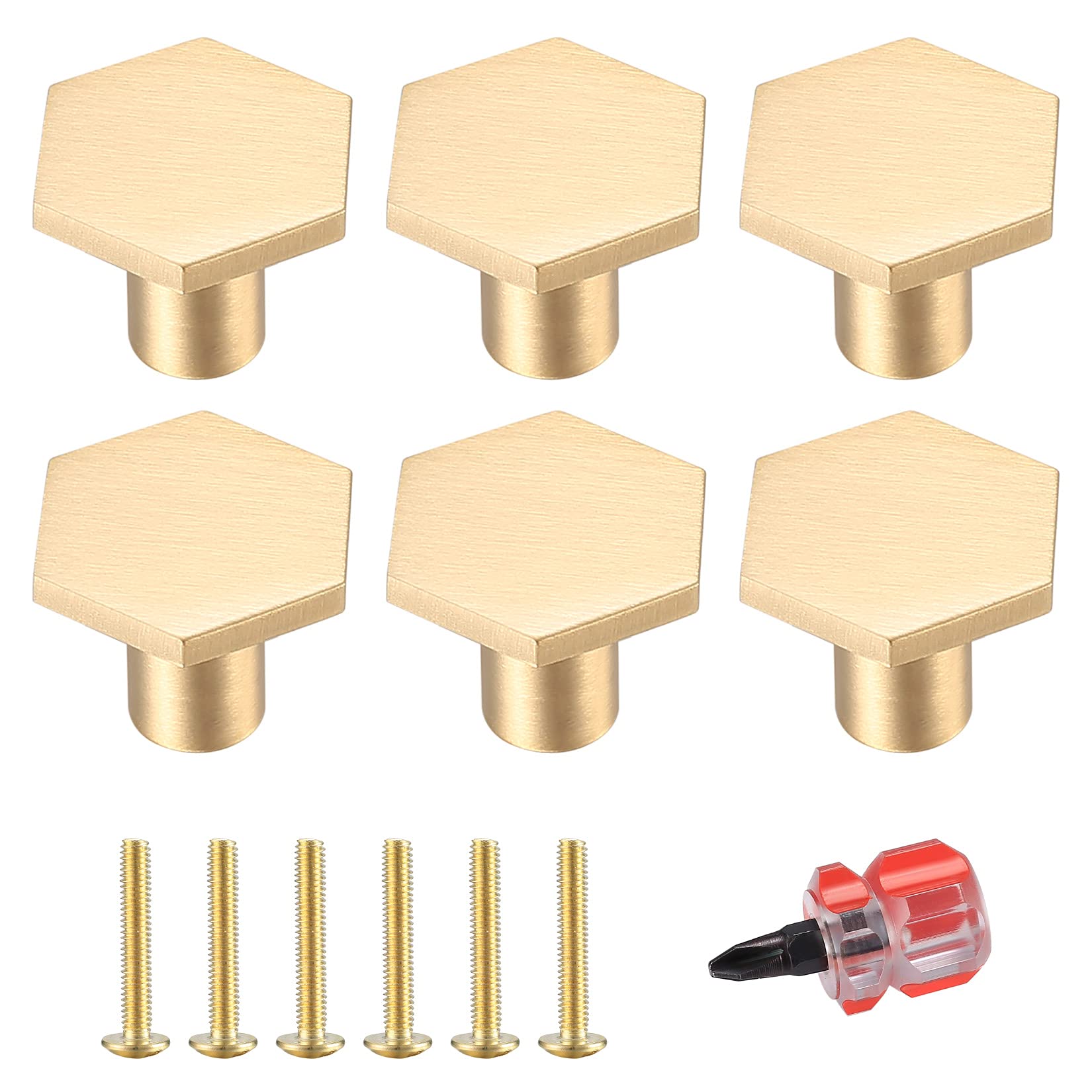 6 Pcs Brass Cabinet Door Knob, Hexagonal Gold Kitchen Door Knobs, Drawer Pulls Door Handles, Furniture Cupboard Drawer Cupboard Dresser Handles and Knobs, with Screws and Screwdriver (0.87*0.71 inch)