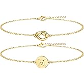 Poxtex Gold Initial Bracelets for Women, Dainty 14K Gold Plated Knot Letter A-Z Initial Bracelet Layered Trendy Personalized Jewelry for Women, Gifts for Christma Valentines Birthday Stuff