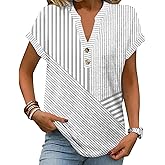Womens Striped Henley Summer Tops V Neck Button Dressy Casual T Shirts Blouses 2026 Trendy Clothes
