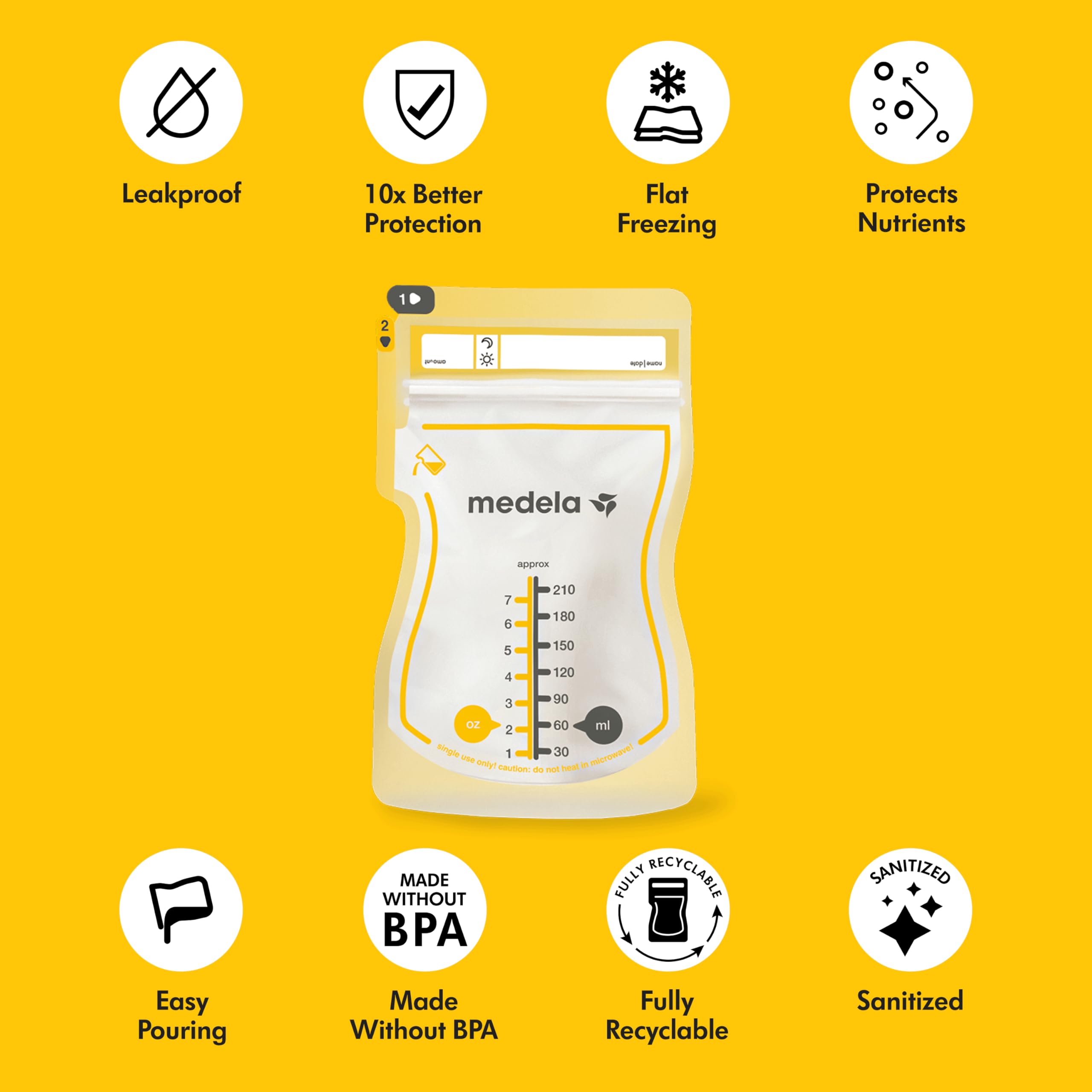 Medela Easy Pour Breastmilk Storage Bags 100 Count 7oz/210ml Disposable, Leakproof, Fast Freeze, Breast Milk Protection Recyclable & BPA Free