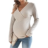 SweatyRocks Women's Maternity Tops V Neck Long Sleeve Ribbed T Shirts Pregnancy Clothes