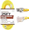 25 Foot Lighted Outdoor Extension Cord - 10/3 SJTW Yellow 10 Gauge Extension Cable with 3 Prong Grounded Plug for Safety - Great for Garden and Major Appliances