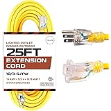 25 Foot Lighted Outdoor Extension Cord - 10/3 SJTW Yellow 10 Gauge Extension Cable with 3 Prong Grounded Plug for Safety - Gr