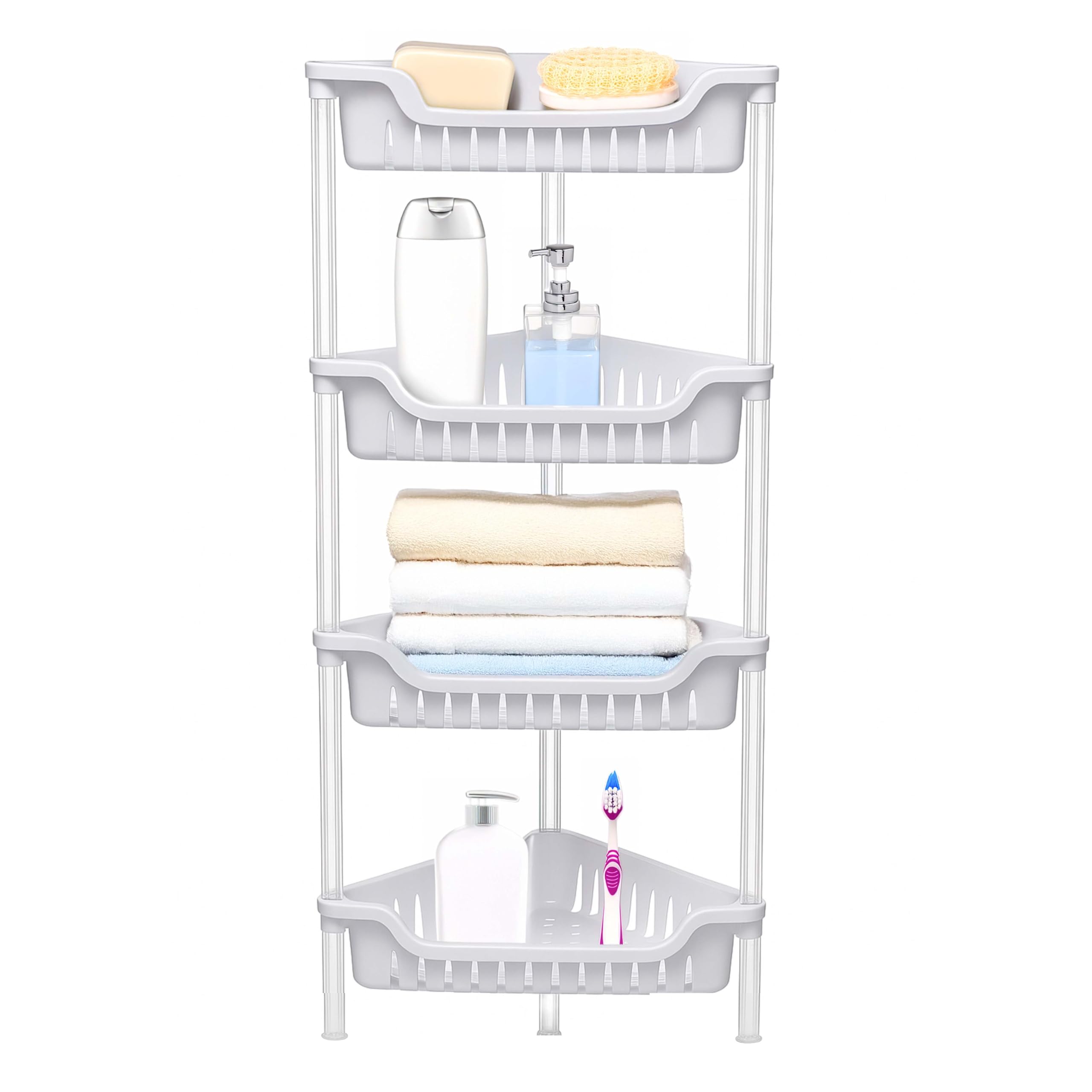 ADEPTNA Strong White Plastic Shower Caddy Corner Shelf Bathroom Rack Kitchen Storage Unit - Quick to Build - Easy to Clean (4 TIER BATH RACK)