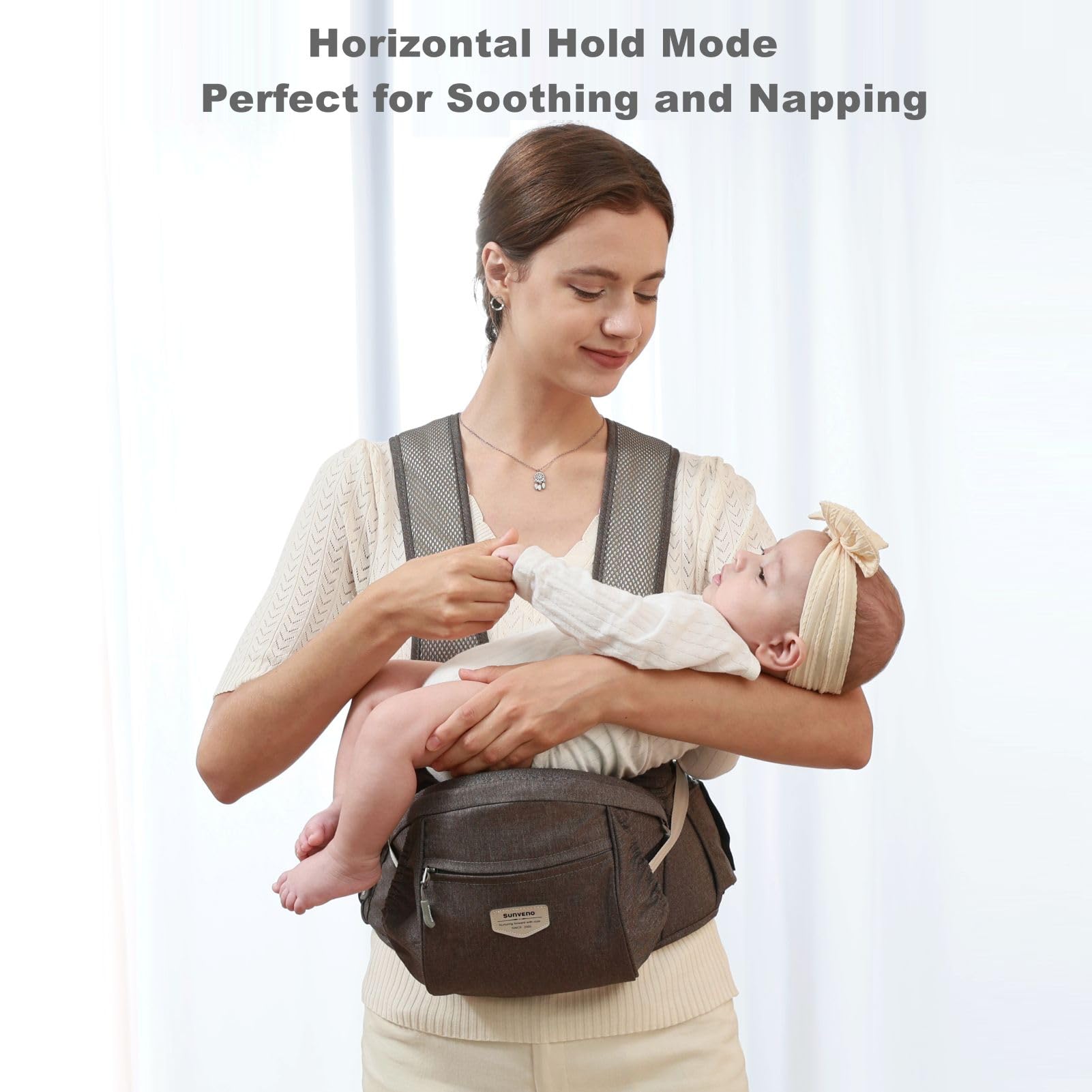 SUNVENO Ergonomic Hip Seat Baby Carrier with Detachable Double Shoulder Straps, Waist & Back Relief, Breathable Mesh, Non-Slip Seat + Storage Pockets, Fits Infants & Toddlers 0-36 M up to 45 lbs