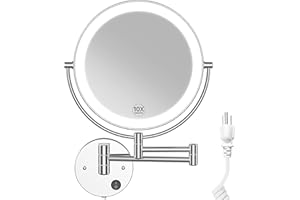 Benbilry 9" Large Size Wall Mounted Lighted Makeup Vanity Mirror, 1X/10X Magnifying 2-Sided AC Plug-in Powered Bathroom Mirror, 360° Swivel 13 Inch Extendable Arm, Chrome