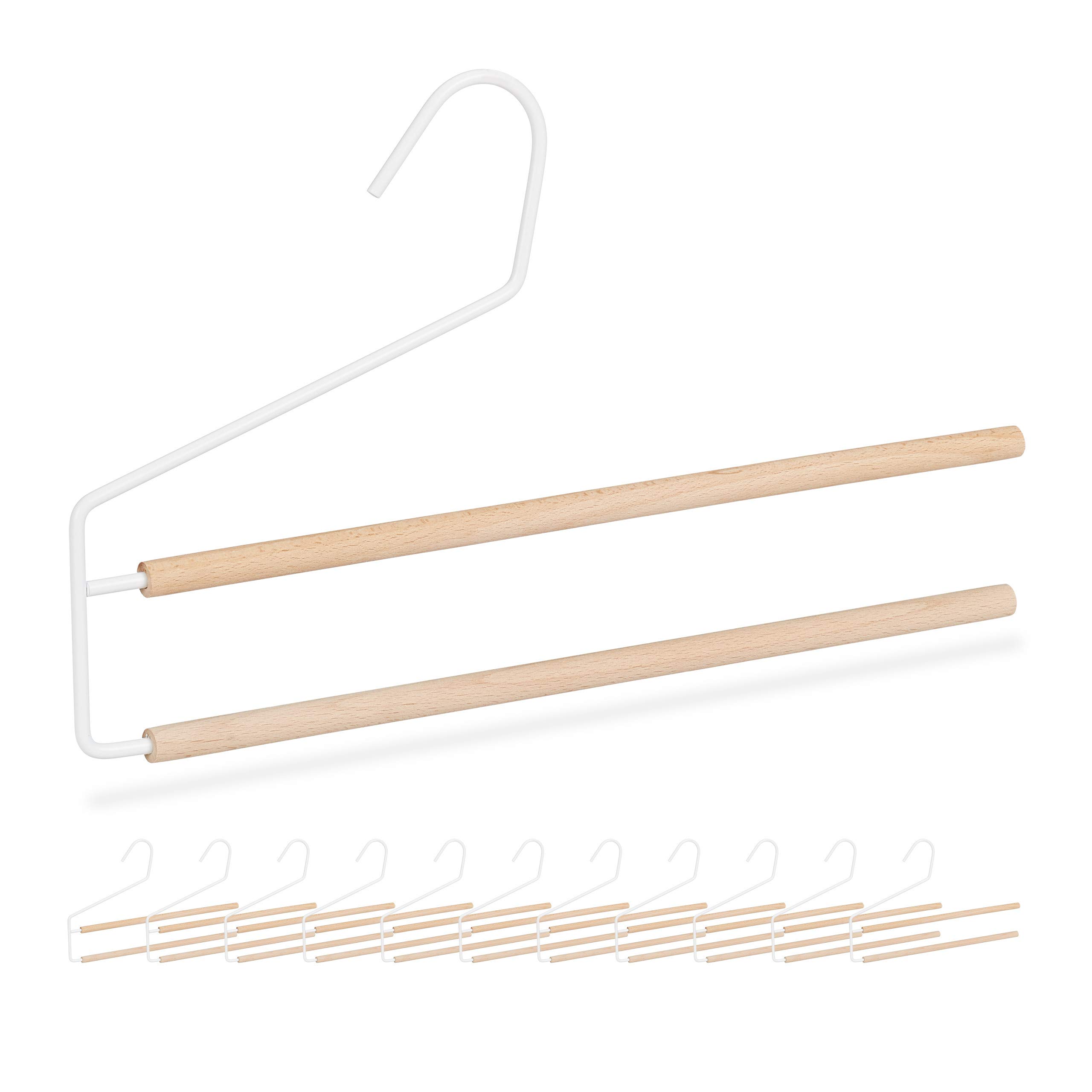 Pack of 12 Relaxdays Space-Saving Double Trouser Hangers, Pants & Jeans Organiser, No-Slip, Wood/Metal, White/Natural