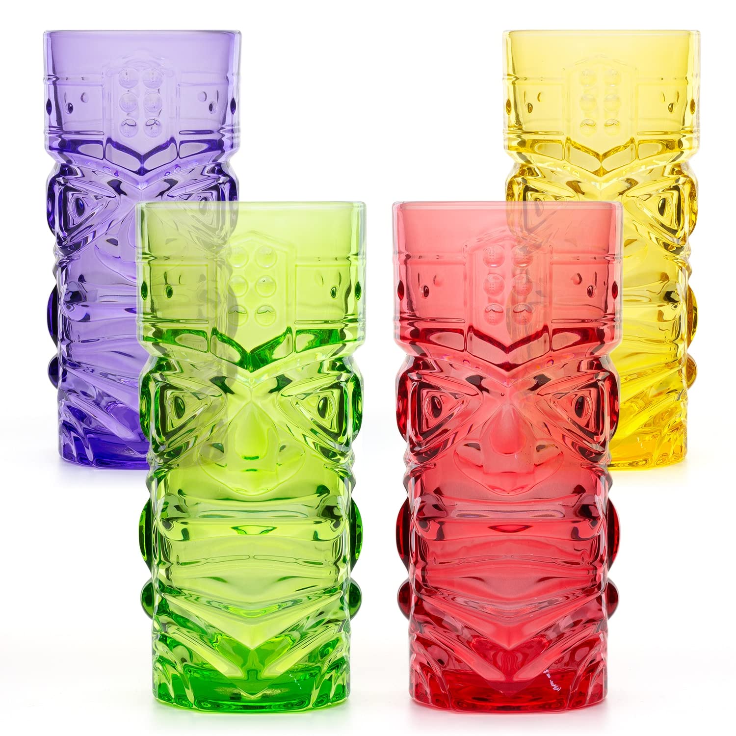CKB LTD Pack of 4 Coloured Tiki Bar Cocktail Glasses - Tall Tumblers Ideal for Hawaiian Party Rum Based Mixed Cocktail Drink MAI Tai Long Island Iced Tea or Zombie Cocktails – Coloured 450ml Set of 4