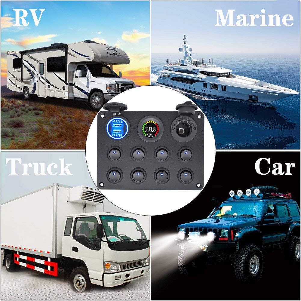 MKING Dual USB Charger Socket Multi-Functions Panel for -4.2A + 12V Power Outlet + LED Voltmeter + 8 Gang ON-Off Toggle Switch(Blue)