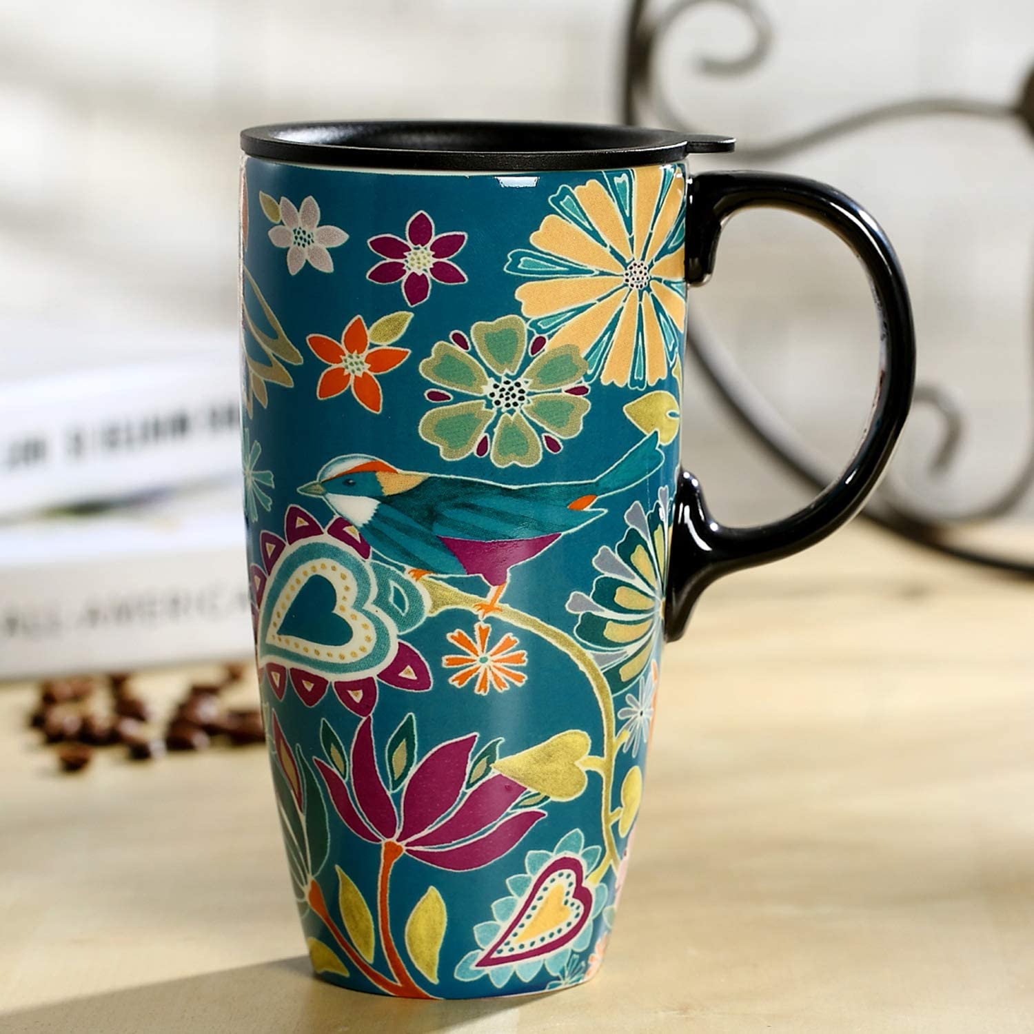 DUSVALLY Caremic Mug Travel Coffee Mug Coffee Cup with lid and Handle,17oz.Latte Mug,Green Flower