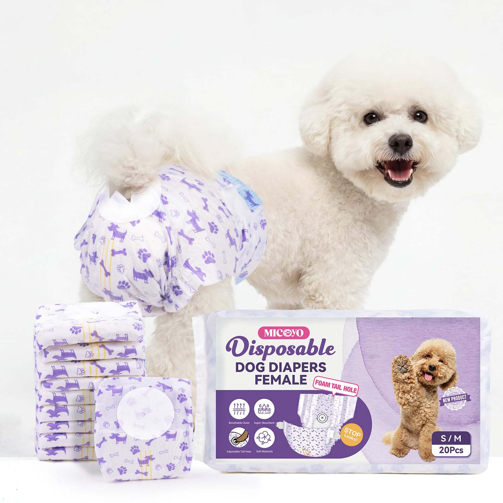 MICOOYO Dog Nappies Female 20 count, Disposable Dog Period Pants with Adjustable Tail Hole, Super Absorbent Diapers for Female Dogs Cat in Heat Season Incontinence(SM)
