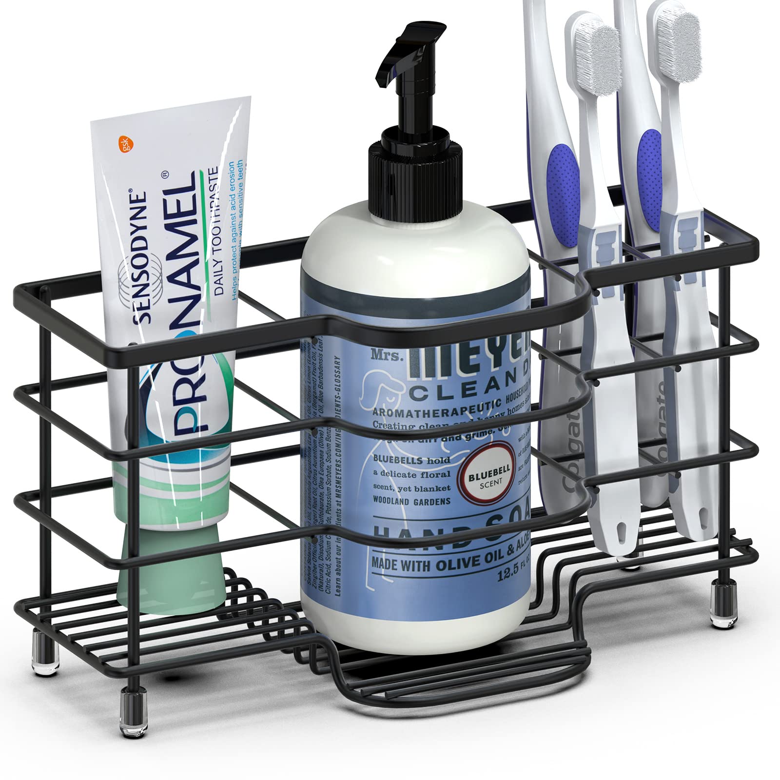 Linkidea Electric Toothbrush Holder Stand, Stainless Steel Bathroom Storage for Toothpaste, 6 Slots Ventilated Countertop Organizer for Cleanser, Comb, Razor (Black)