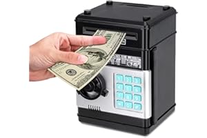 Renvdsa Cartoon Electronic ATM Password Piggy Bank Cash Coin Can Auto Scroll Paper Money Saving Box Gift for Kids (Black)
