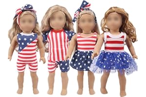PUHIKE Patriotic Doll Clothes 4 Sets, 18 Inch American Flag Doll Clothes Baby Doll Accessories Patriotic Decorations for Memorial Day 4th of July Independence Day Celebration